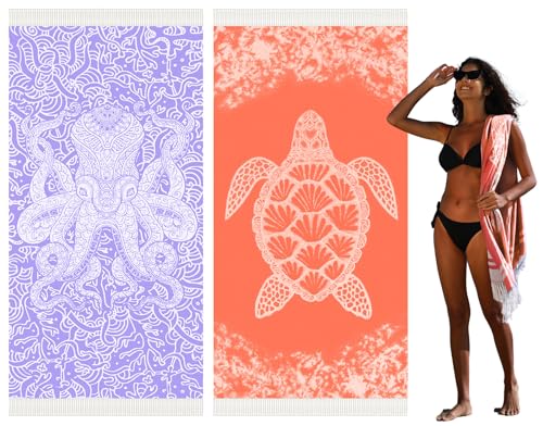Widdonen Thin Turkish Beach Towel Lightweight Quick Dry Absorbent Cotton Bathroom Bath Pool Swim Towels Extra Large Oversized Sand Free Beach Accessories Essentials Cloud Gifts for Adult - color: 2 Pack Purple Octopus Orange Turtle, size: X-large(79 X 36