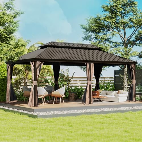 Domi 12' X 18' Hardtop Gazebo, Upgraded Metal Gazebo with Drainage System, Dual-Layer Galvanized Steel Roof, Curtain and Netting, Outdoor Shelter Canopy for Patio, Garden, and Backyard, Brown - color: Brown, size: 12'x18'/w gutter