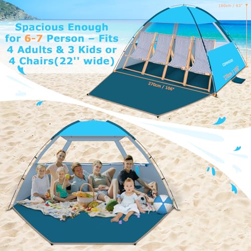 COMMOUDS Beach Tent Sun Shade for 3/4/6/8 Person, UPF 50+ Beach Sun Shelter Canopy Tent, Lightweight, Easy Set Up and Carry - color: Blue, size: 6 Person