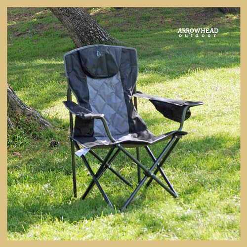 ARROWHEAD OUTDOOR Portable Deluxe Folding Camp Quad Chair w/Headrest, Glass & Cup Holders, Armest 6-can Cooler, Heavy Duty Carry Bag, 550 lbs Weight Capacity