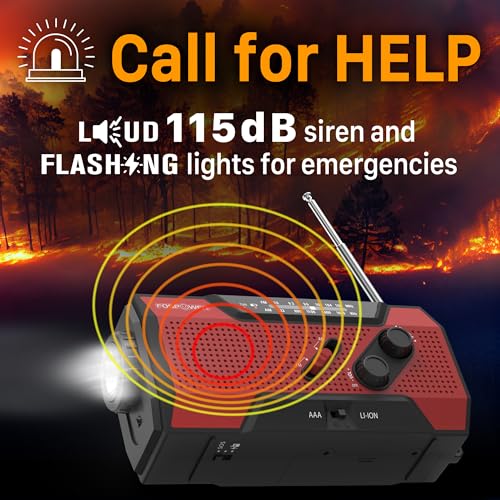FosPower NOAA Emergency Weather Radio A1 7400mWh Portable Power Bank, AM/FM, USB/Solar/Hand Crank Charging, Battery Operated, SOS Alarm & Flashlight for Indoor/Outdoor Emergency - Red - color: 04 - Model A1 - Red