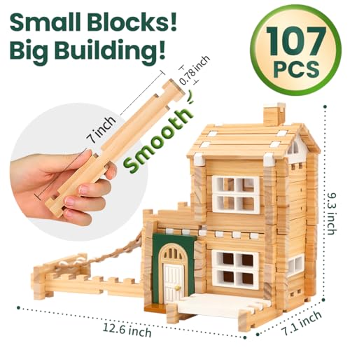 Jovi-mindly＆Notchies 107 Pcs Wooden Blocks Toys with Door and Windows,Classic Old Fashioned Toys,Wooden Building Blocks for Kids Ages 4-8 Boys and Girls,Birthday Toys Gifts - style: Dream House