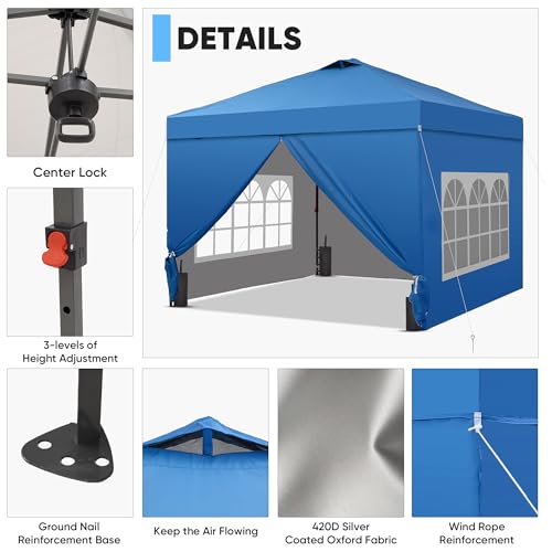 GDY 10x10 Pop Up Canopy Tent with 4 Sidewalls, Easy Set up with One Push Lift Outdoor Silver Coated Beach Gazebos, Carpas with 4 Sandbags, for Events, Parties, and Camping, Navy Blue. - color: Blue, size: 10x10 with 4 Sidewall