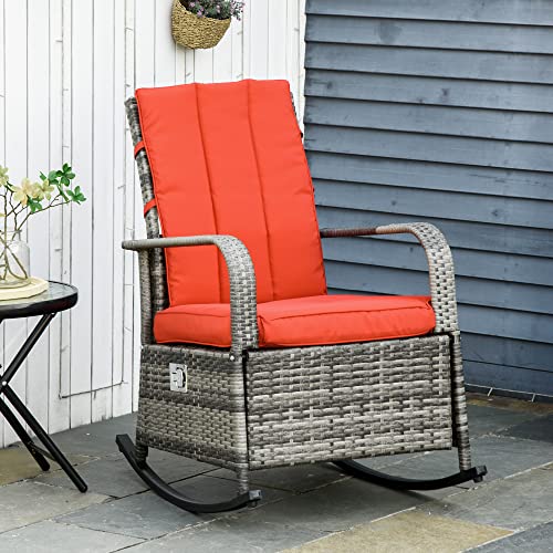 Outsunny Wicker Outdoor Rocking Chair, Patio Recliner with Adjustment Backrest, PE Rattan Lounge Chair with Adjustable Footrest and Cushions for Garden, Backyard, Porch, Red - color: Mixed Brown/Red