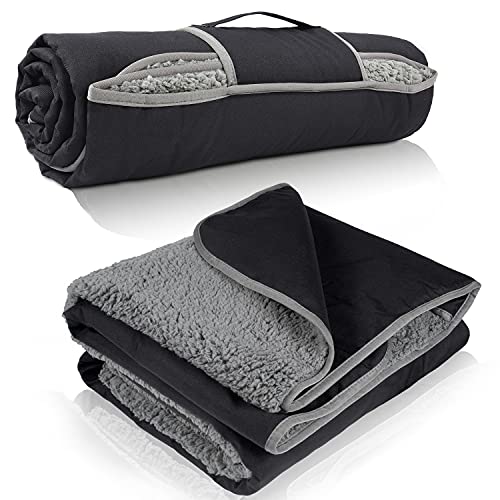 Tirrinia Waterproof Outdoor Blanket with Sherpa Lining, Windproof Triple Layers Warm Comfy Foldable for Camping Stadium, Beach, Picnic, Grass, Concerts, Car, Dog, 51''X 59'' & 59''X 80'' - color: Black/Grey, size: 51” x 59”