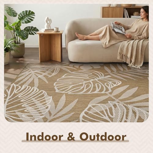 MontVoo-Outdoor Rug-Patio Rug 5x7 ft Polypropylene Indoor Outdoor Rugs Outdoor Carpet for Patio Deck Balcony Porch, Textured Weave, Durable for High Traffic, Fade-Resistant, Tropical Neutral Brown - color: Brown Tropical, size: 5' x 7' (Rectangular)