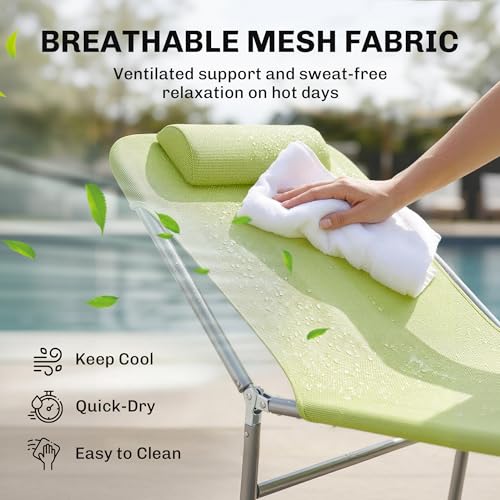Outsunny Folding Chaise Lounge Pool Chairs, Outdoor Sun Tanning Chairs with Pillow, Reclining Back, Steel Frame & Breathable Mesh for Beach, Yard, Patio, Green - color: Green