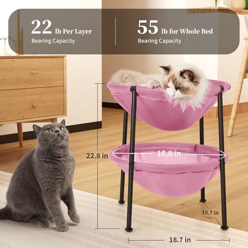 JUNSPOW Double Cat Bed Pink, Breathable Pet Bed for 2 Cats with 4 Adjustable Feet & Anti-Slip Mats, Easy Assembly Cat Hammock for Multi-cat Household, Indoors & Outdoors, 22.8 in x18.7 in x 18.7 in - color: Pink, size: 18.7"L x 18.7"W x 22.8"Th (Mesh)