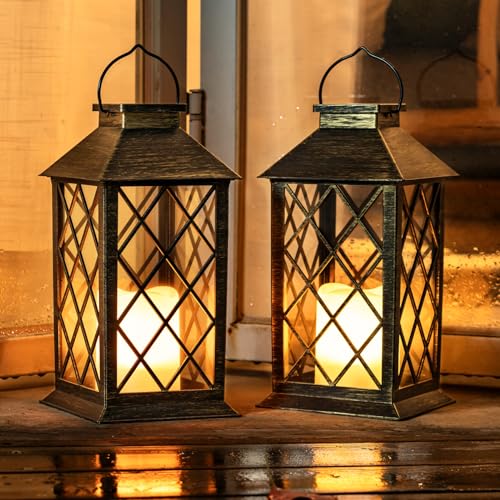 Homemory Solar Lanterns Outdoor Waterproof Hanging with Flickering Flameless Candles, 2 Pack Garden Outdoor Lantern Decorative for Patio Front Porch Backyard Balcony Cabin Outside (Bronze) - style: Bronze
