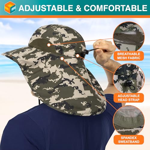 SUN CUBE Wide Brim Sun Hat with Neck Flap, UPF50+ Hiking Safari Fishing Hat for Men Women, Sun Protection Beach Hat - color: Green Camo