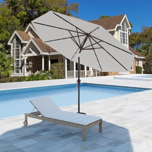 9FT Patio Umbrella with Solar Lights,Outdoor Market Umbrella with Tilt and Crank, LED Lighted Table Umbrella for Garden,Deck,Backyard,Pool,Beach (Light Gray) - color: Light Gray