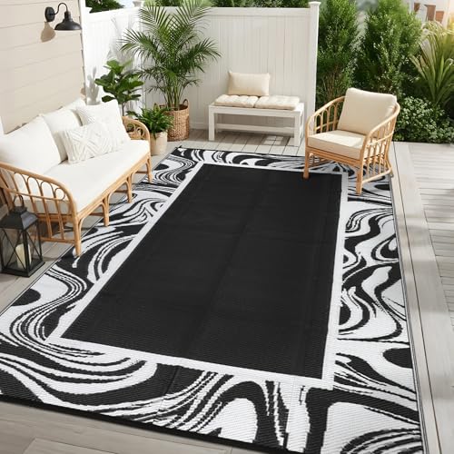 Garvee Black and White Outdoor Rug 5x8 for Camping Waterproof Quick Dry Plastic Straw Carpet Reversible Lightweight Patio Rug Easy to Clean for RV, Deck, Balcony, Backyard, Picnic, Beach, Black White - color: Black White, size: 5' x 8' (Rectangular)