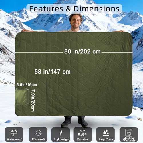 Large Waterproof Outdoor Camping Blanket, 80 x 58 inch Fleece Picnic Blankets Windproof Travel Stadium Blanket for Beaches Pets Car Camp Picnic Mat for Both Cold & Warm Weather - color: Green