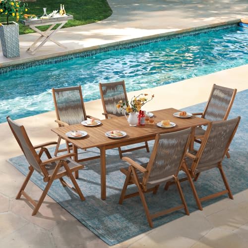 OC Orange-Casual 7 Pieces Patio Dining Set Outdoor Furniture with 6 Foldable Acacia Wooden and Rope Chairs and Large Table for Outdoor,Yard, Garden, Porch，Beige - color: Beige