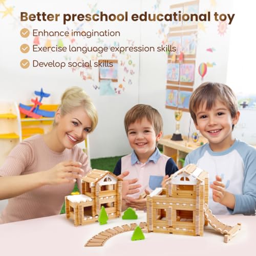Jovi-mindly＆Notchies 96 PCS Wooden Blocks Wooden Toys with Storage Bag, Preschool Learning Toys Wood Blocks Building for Kids Ages 4-8 Creative Construction Game,FSC Certified,Birthday Toys Gifts - style: Classic Set