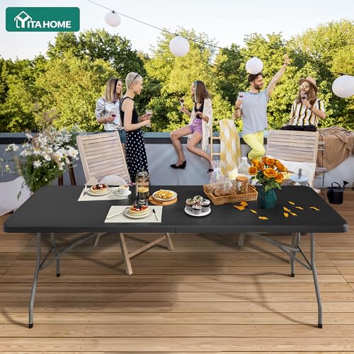 YITAHOME 8FT Folding Tables, Heavy Duty Folding Table with Carrying Handle, Plastic Fold up Table for Outdoor Camping Picnic Parties/Indoor Events, Black - color: Black