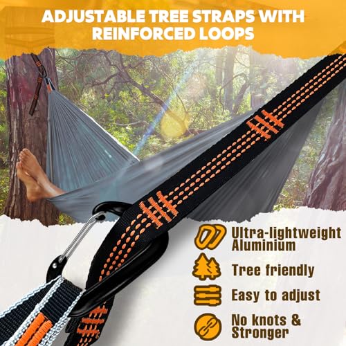 NATUREFUN Ultra-Light Travel Camping Hammock | 300kg Load Capacity,Breathable,Quick-Drying | 2 x Premium Carabiners,2 x Nylon Slings Included | Outdoor Indoor Garden - color: Grey, size: 300x200cm