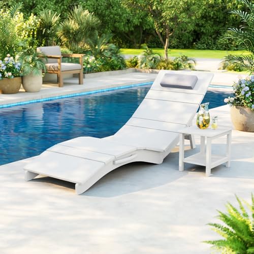 Stoog All-Weather Folding Pool Lounge Chairs, HIPS Anti-Floating Outdoor Chaise with Headrest, Heavy Duty Pool Chairs for Beach, Sun Deck, White - color: White