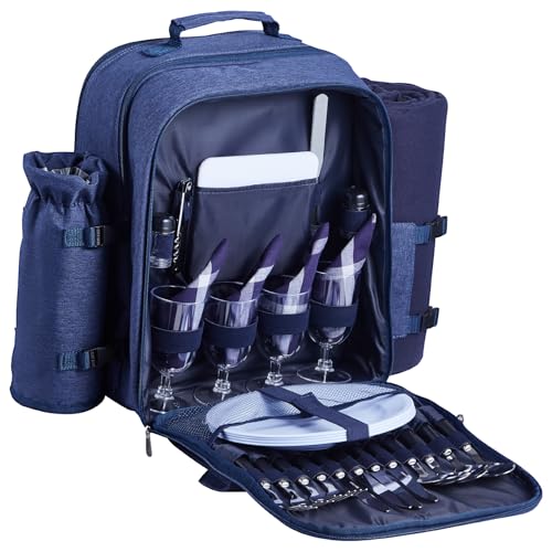 VEVOR Picnic Backpack, Beach Picnic Backpack Bag for 4 Person with Insulated Cooler Compartment, Detachable Bottle/Wine Holder, Lightweight Blanket, Plates and Cutlery Set for Outdoor, Navy Blue - size: single layer for 4 & blue