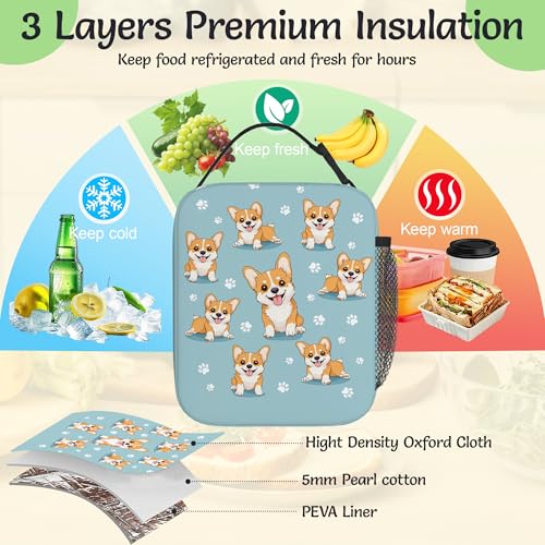 Cute Corgi Dog Reusable Lunch Bag,Blue Paw Prints Insulated Lunch Box with Side Pockets for Girls Boys Women Portable Thermal Cooler Bag for Teens School,Work,Picnic,Beach - color: Cute Corgi Dog