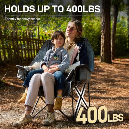 EVER ADVANCED XL Camping Chair with Detachable Cushion, Mesh Chair for Adults Foldable, Oversized Heavy Duty Folding Chair with Cooler Mesh Pocket Cupholder Outdoor Fishing, Supports 400LBS Grey - color: Grey, size: 1 P
