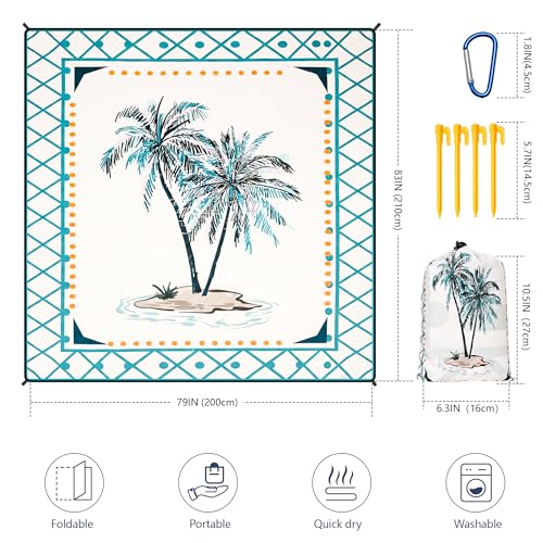 HIHOHO Beach Blanket Waterproof Sandproof Extra Large Beach Mat 79" X 83"/120"x108"for 1-8 Adults Quick Drying Durable Outdoor Picnic Mat for Beach Travel Camping Hiking - color: Coconut Tree - Lace Pattern, size: 79" X 83"（1~3 person）