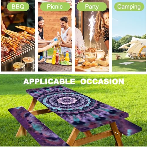 ANNA QUEEN Mandala Picnic Table Cover Set, 6FT Boho Purple Waterproof Tablecloth & Bench Covers 3PCS 72"x30" for Camping Garden Patio Festivals Retreats - color: #4