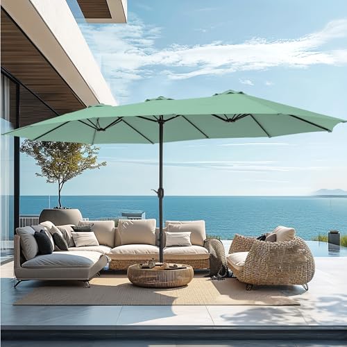 PHI VILLA 15ft Large Patio Umbrellas with Base, Outdoor Double-Sided Rectangle Market Umbrella for Pool Lawn Garden, Mint Green - color: Mint Green