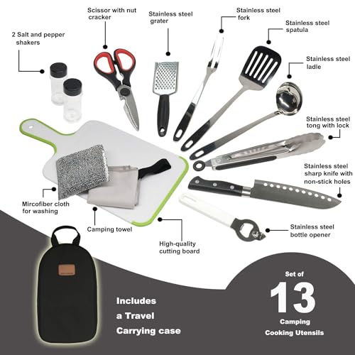 Camp Kitchen Utensil Organizer Travel Set Portable BBQ Camping Cookware Stainless Steel Utensils Travel Kit Outdoor Equipment Cutting Board Tongs Scissors Knife Ladle Spatula - color: New Version Black