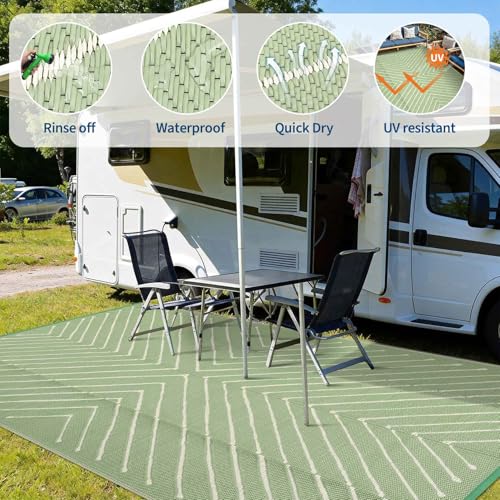 Garvee 6x9 Modern Striped Outdoor Camping Rug Waterproof Reversible, Plastic Straw Patio Mat for RV, Backyard, Balcony, UV Protected Green Outdoor Carpet, Green White. - color: Greenwhite, size: 6' x 9' (Rectangular)