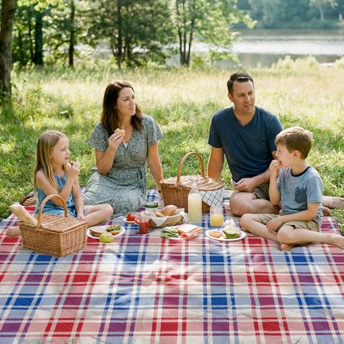 Doonly Picnic Blanket, 78" x 78" Large Waterproof Sandproof Beach Blanket, Foldable Outdoor Blanket Picnic Mat for Beach, Camping, Park, Grass, Lawn, Travel (Blue/Red/White) - color: Blue/Red/White