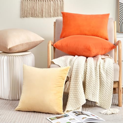 Fall Orange Throw Pillow Covers Decorative Velvet Set of 2 24x24 Inch Pillow Covers, Soft Burnt Orange Pillowcases for Couch Sofa Bed Living Room, Farmhouse Boho Decor, Accent Cushion Covers - color: Bright Orange, size: 24" x 24" (Pack of 2)