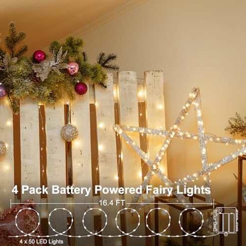 4 Pack Battery Operated Fairy Lights 16.4 Ft 50 LED Christmas Fairy Lights with Auto Timer 8 Modes, Waterproof Silver Wire Battery Twinkle Lights for Wedding Christmas Decor (Warm White) - color: Warm White-Silver Wire