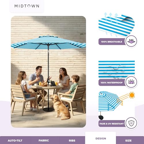 Midtown Umbrellas The Lean 9 Feet Outdoor Umbrella With Terylast Cobalt Stripes (Blue/White Stripes) Polyester Fabric - Auto-Tilt Aluminum Frame Patio Umbrella For Deck, Garden, Pool - Black Pole - color: Terylast Fabric - Cobalt Stripes, size: 9 Foot