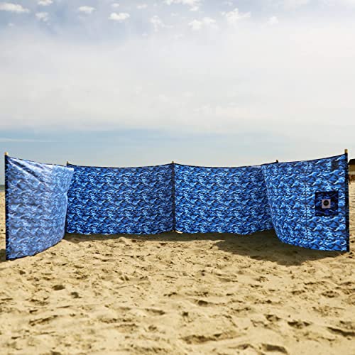 Ocean Camo Pro Beach Recycled Polyester Rip-Stop 20 ft Lightweight Windscreen, Privacy Screen, Wind Blocker, Free Matching Shoulder Bag (NEW Mahogany Wood Poles)