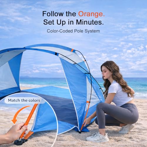 Beach Tent Sun Shelter with UPF 50+ UV Protection, Dual Door Design for Better Ventilation, Easy Setup Portable Beach Shade Canopy with Carrying Bag for Beach, Camping, Fishing and Outdoor Travel - color: Blue-Dual Door, size: Compact 1-2 Person