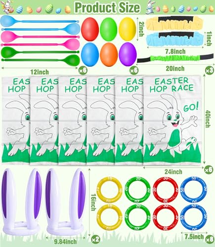 31 Pcs Easter Games Set for 6 Players - 6 Potato Sack Race Bags, Egg & Spoon Race, 3 3-Legged Bands, 2 Bunny Ear Ring Toss - Kids Family Easter Carnival Hunt Party Activities Outdoor Yard School Event