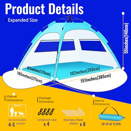 Beach Tent Sun Shelter – Pop Up Easy Setup in 3S Instant Tents for 4/5 Person Beach Umbrella Sun Shelter Shade, UV 50+ Protection, Wind Resistant, Lightweight Portable Baby Tents Shade for Family