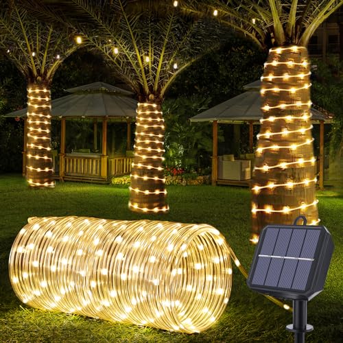Solar Rope Lights, 66ft 200LED Solar String Lights, 8 Modes Waterproof Solar Powered Outdoor Light, Flexible Clear Tube Light for Garden, Backyard, Patio, Deck, Porch, Pool, Tree Decor - Warm White - color: Warm White, size: 66ft