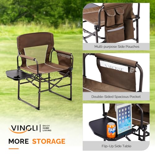 VINGLI Camping Chairs, Directors Chair, Camping Chair with Side Table & Carry Bag，Heavy Duty Camping Chairs for Adults, Portable Folding Camping Chair, Pocket for Beach, Fishing,Trip,Picnic,Lawn-Brown - color: Brown, size: 1 P