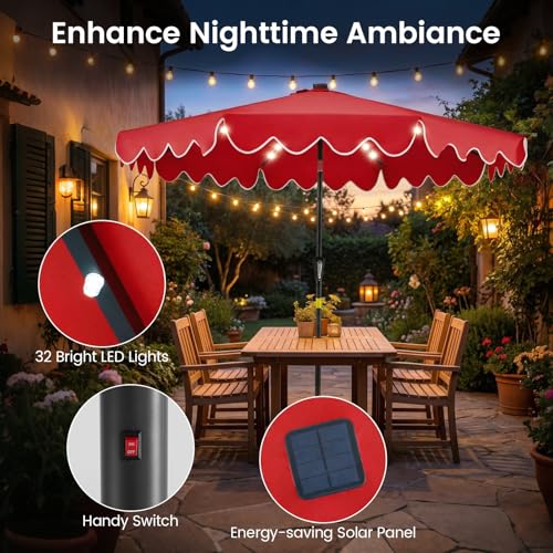 Tangkula 9 FT Solar Patio Umbrella with Base Included, 2-Tiers Outdoor Scalloped Table Umbrella with 32 LED Lights, 2 Sandbags, Tilt Adjustment, Crank, 8 Ribs for Market Backyard Pool Deck Beach Lawn - color: Red, size: 9 FT