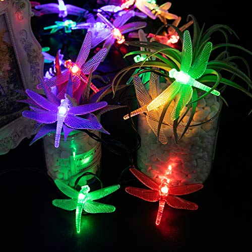 Dragonfly Solar String Lights Outdoor 25.6FT 30 LED Waterproof Solar Powered Fairy Lights, 8 Modes Decorative Lights for Patio Garden Yard Fence Wedding Christmas Party, Multicolor - style: Dragonfly