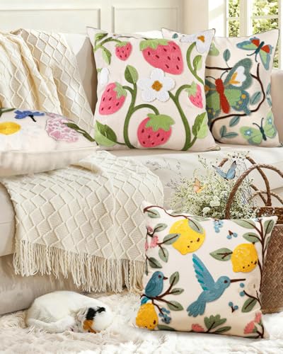 Embroidered Throw Pillow Cover 18x18 Inch - Spring Summer Boho Decorative Pillow Cover with Zipper for Living Room Couch Sofa Bed Aesthetic Design Branch Butterfly Cushion Pillowcase - color: Branch-butterfly, size: 18" x 18" (Pack of 1)