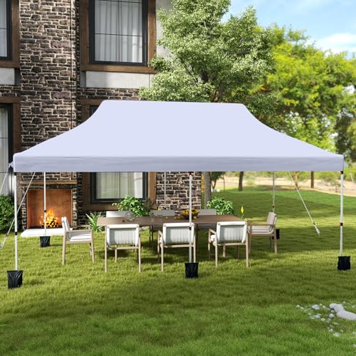 Tangkula 10x20 Ft Pop Up Canopy, Instant Setup Outdoor Tent with 6 Sand Bags, 12 Stakes & 6 Ropes, UPF 50+ Canopy Tent with Carrying Bag for Camp, Beach, Patio (White) - color: White, size: 10x20 Ft