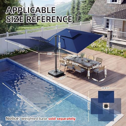 9 X 12 FT Cantilever Outdoor Patio Umbrella with Led Lights Heavy Duty Windproof Double Top Large Rectangle Offset Umbrellas with 360-degree Rotation for Garden Pool Deck Backyard, Navy - color: Navy, size: 9' X 12'- Only Umbrella(LED)