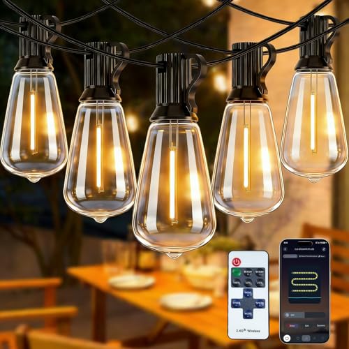 LumBelle Smart Outdoor String Lights, 200FT ST38 LED Patio Lights with Timer Remote APP Control, 84 Shatterproof LED Bulbs (4 Spare), Dimmable Waterproof Hanging Light for Backyard Porch Party Decor - size: 200FT