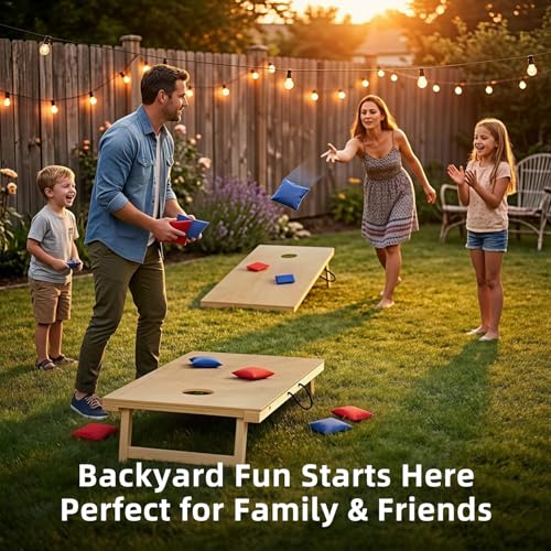 Solid Cornhole Boards Set 4x2FT Regulation Size, Solid Wood Outdoor Corn Hole Game for Adults & Family, Waterproof All Weather with 8 Bean Bags & Carry Bag for Backyard Tailgate Beach Oak/Vintage/DIY
