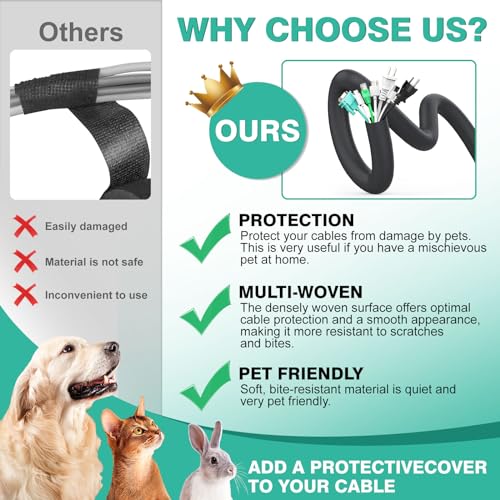 UOMTFAI Dog and Cat Cord Protector 10ft - 1inch, Flexible Cable Sleeve for Easy Cord Management, Protects Cables from Pets Chewing, Ideal for USB, Power, Audio and Video Cords - Black - color: Black, size: 1"-10ft