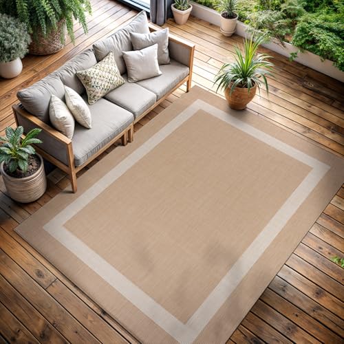 CAMILSON Outdoor Rug 6x9, Modern Outside Rugs for Patios Porches Waterproof Durable Washable Non-Shedding, Easy-to-Clean Indoor Outdoor Area Carpet (6 x 9, Bordered - Beige/White) - color: Bordered - Beige / White, size: 6'7" x 9' (Rectangular)
