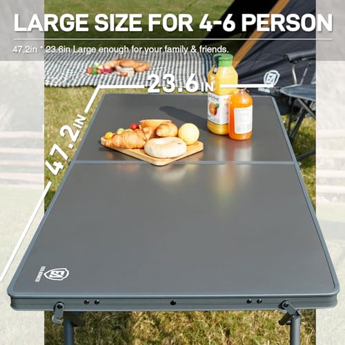 EVER ADVANCED Large Camping Table for 4-6 Person, Portable Folding Aluminum Table with Carrying Handle, Suitable for BBQ, Picnic, Camping and Indoor Use, Support up to 130LBS, Gray - color: Grey